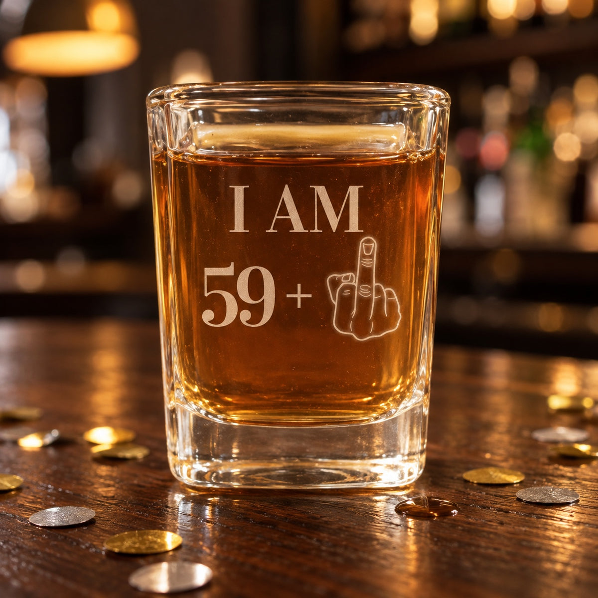 Funny 60th birthday shot glass engraved I AM 59 plus a middle finger hand, filled with whiskey on a walnut bar with gold and silver confetti around it.