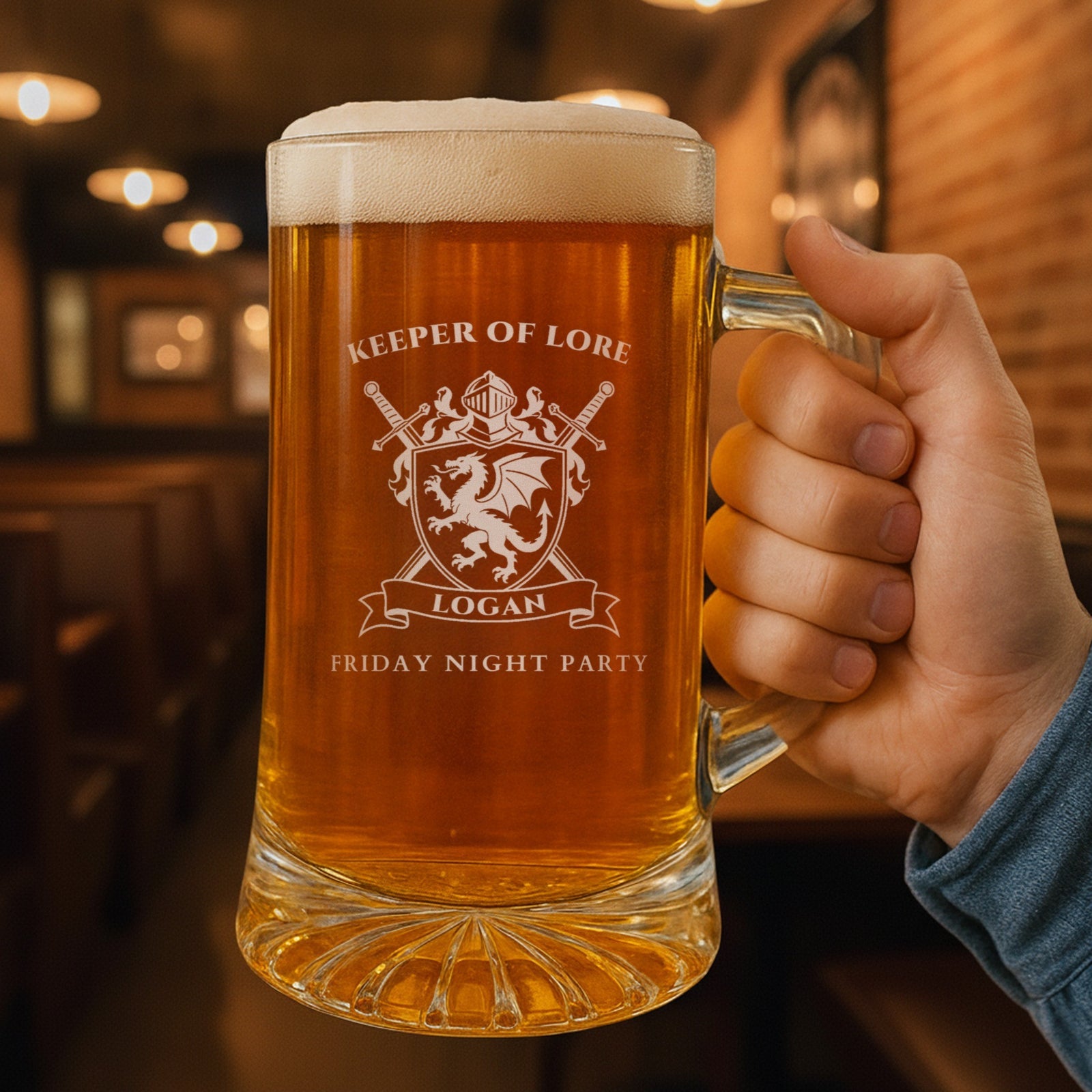 Hand holding the personalized dragon crest beer mug in a pub, engraved KEEPER OF LORE with LOGAN on the banner and FRIDAY NIGHT PARTY below