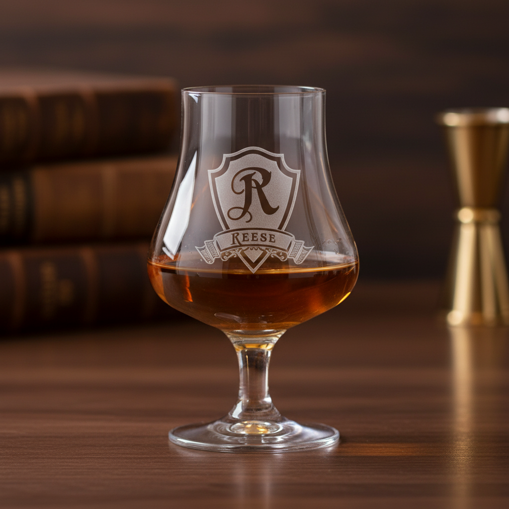 Nose Master personalized whiskey nosing glass with sand-carved shield initial and engraved name banner on a walnut home bar countertop with warm lighting