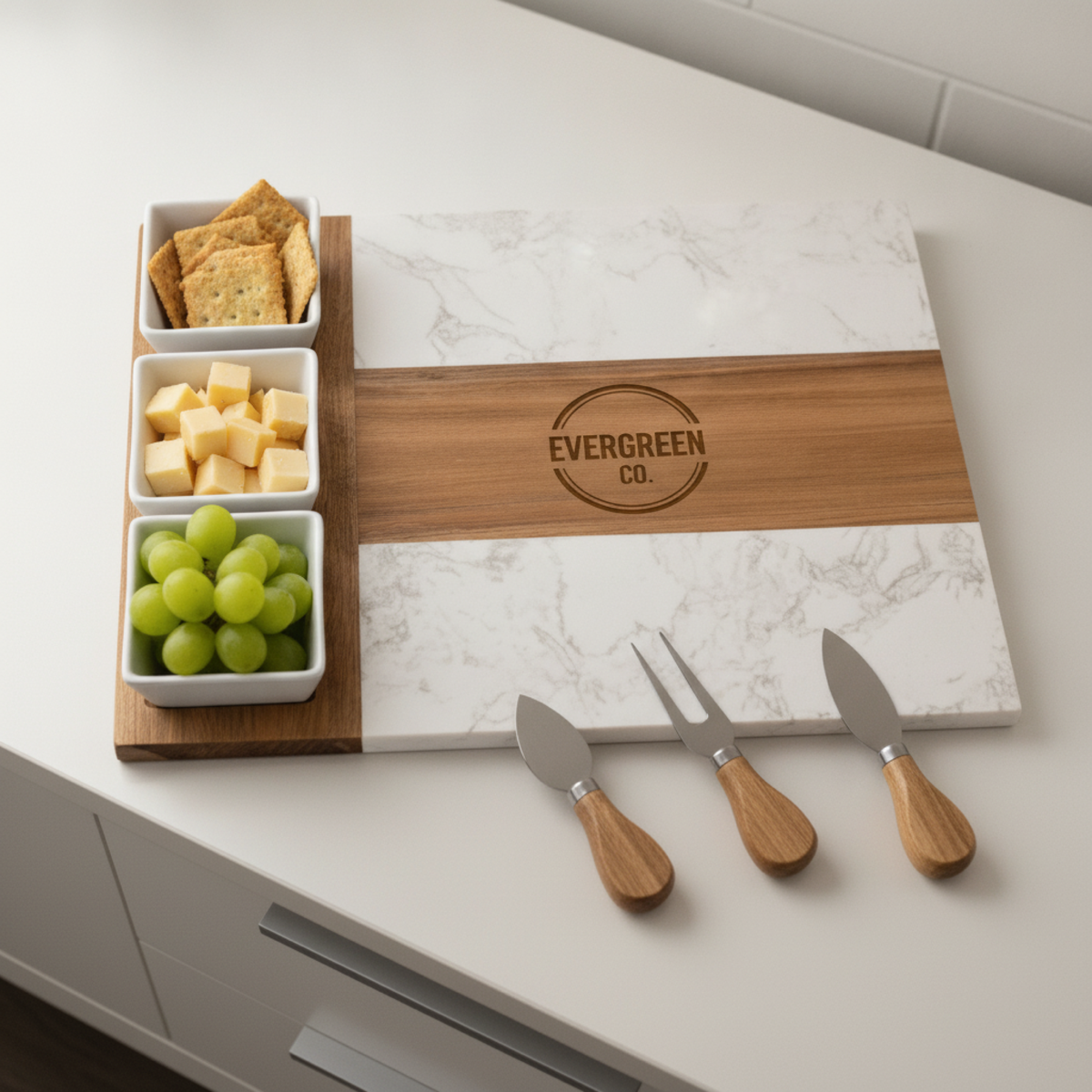Custom logo marble charcuterie board engraved with a sample Evergreen Co company emblem, three white dip bowls, and wood-handled cheese knives on a modern office counter.