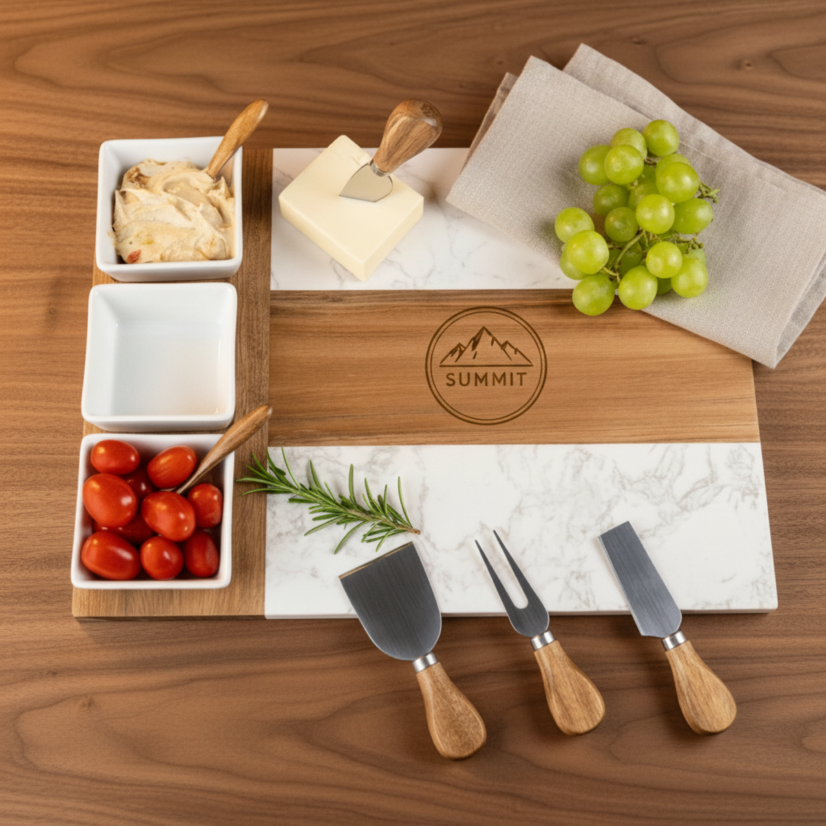 Corporate logo marble charcuterie board engraved with a sample Summit mountain badge logo, marble and acacia serving tray with three dip bowls styled as a premium client gift.