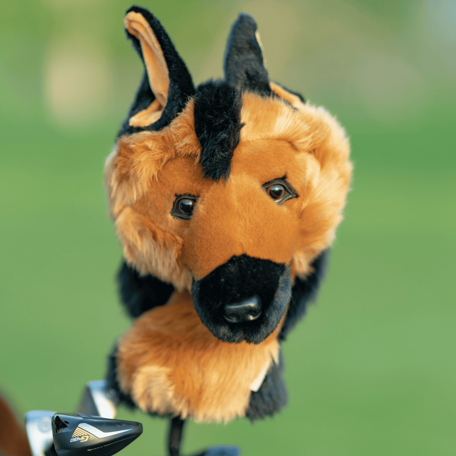 German shepherd plush golf headcover for drivers up to 460cc, photographed on a plain background