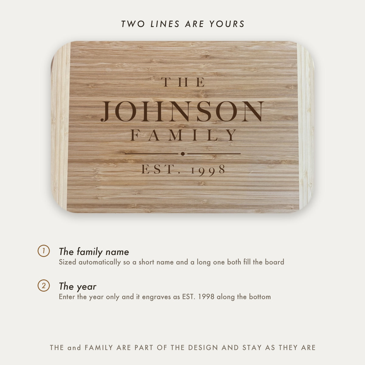 Personalization guide for the family name cutting board showing the two engraved lines the customer fills in, the family name and the established year.