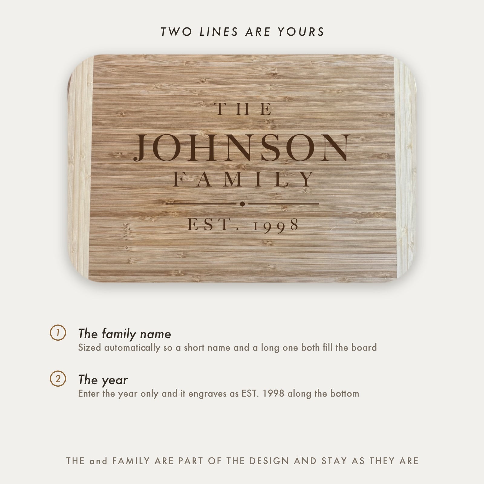 Personalization guide for the family name cutting board showing the two engraved lines the customer fills in, the family name and the established year.