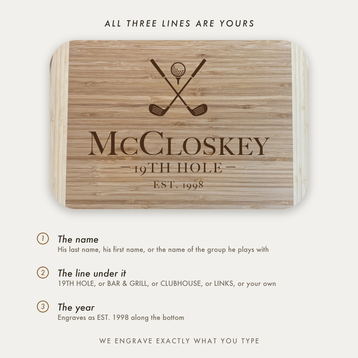 Personalization guide for the 19th Hole golf cutting board showing the three engraved lines, the name, the line beneath it such as 19TH HOLE, and the established year.