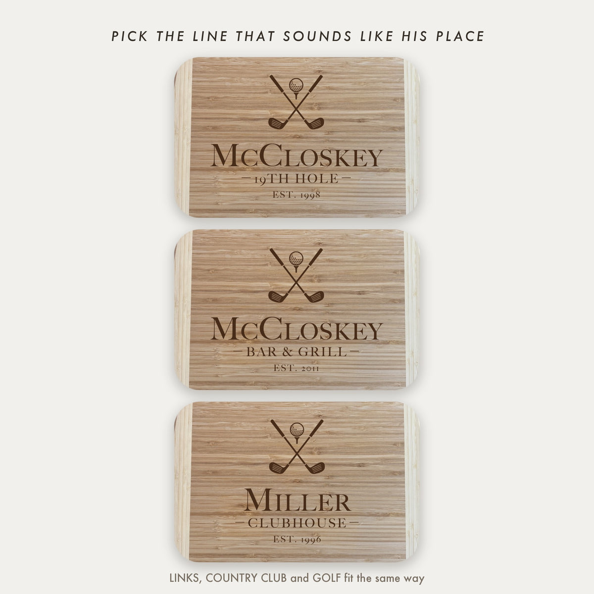 Three personalized golf cutting boards engraved 19TH HOLE, BAR AND GRILL and CLUBHOUSE, showing the middle line options available on this engraved bamboo board.