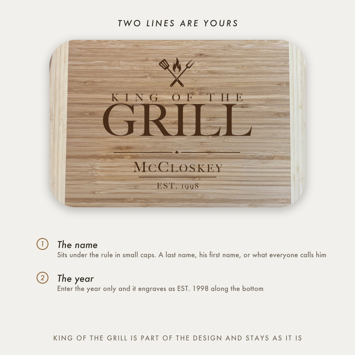 Personalization guide for the King of the Grill cutting board showing the two engraved lines the customer fills in, the name in small caps and the established year.