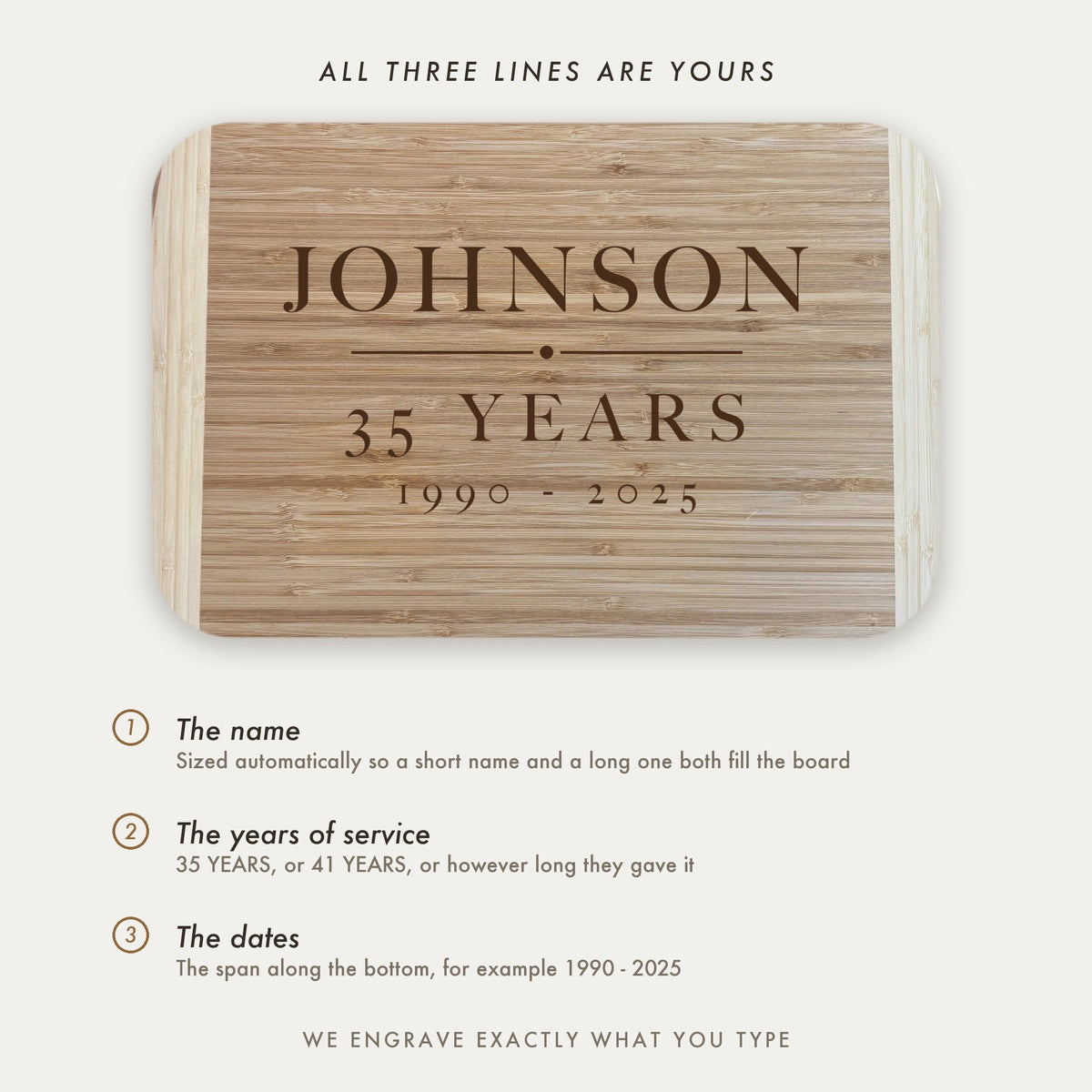 Personalization guide for the retirement cutting board showing the three engraved lines, the name, the years of service and the span of dates along the bottom.