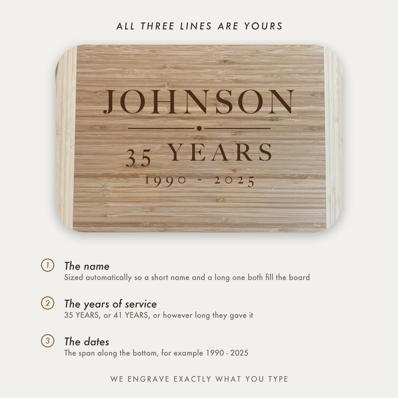 Personalization guide for the retirement cutting board showing the three engraved lines, the name, the years of service and the span of dates along the bottom.