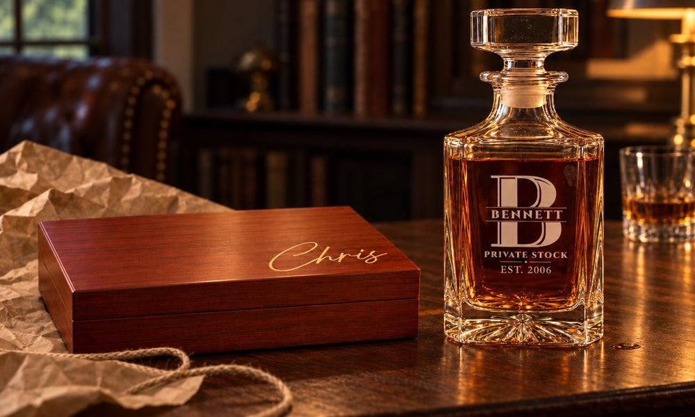 Engraved cherry keepsake box with the name Chris beside a monogram whiskey decanter engraved Bennett Private Stock in a home study