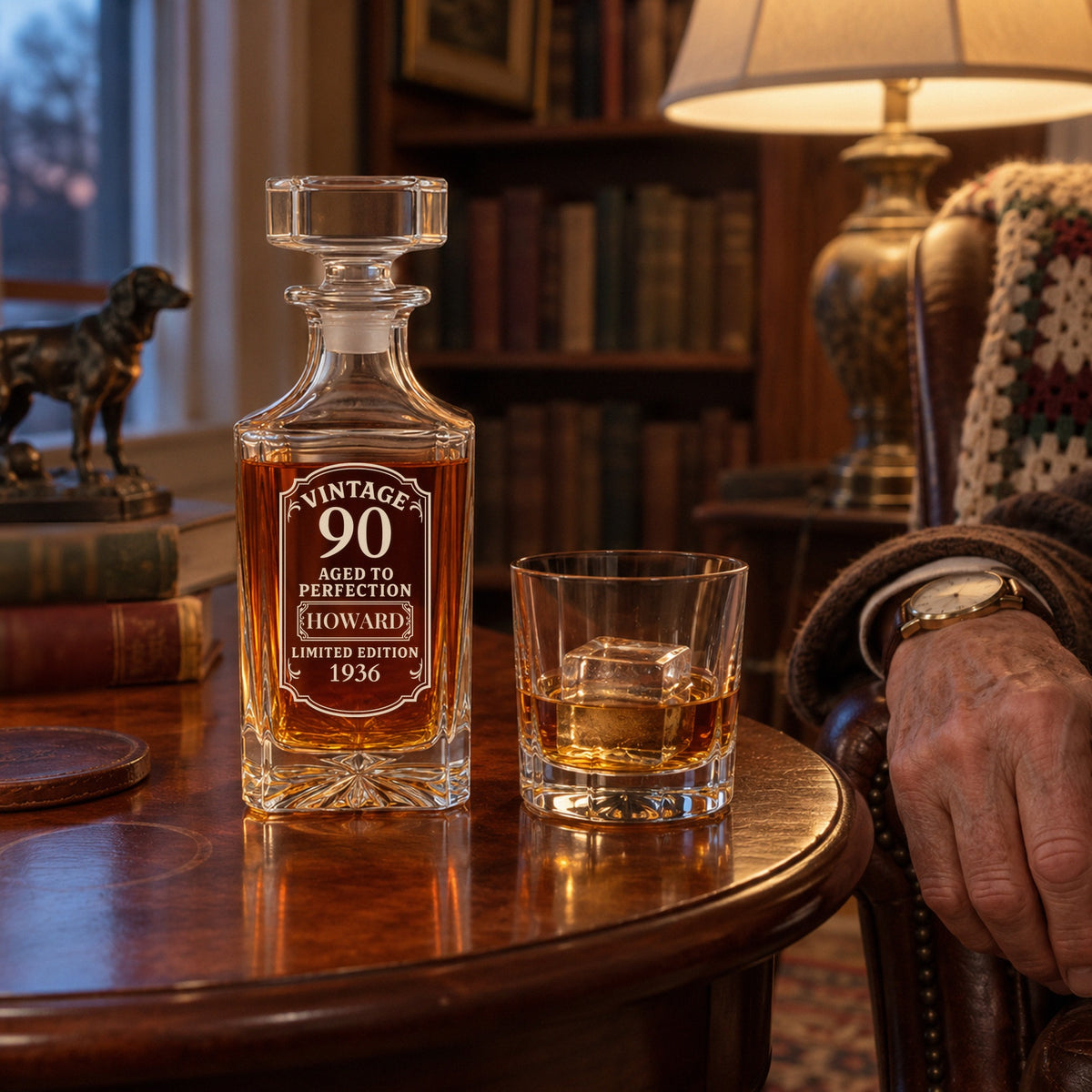 Engraved Vintage 90 decanter with the name HOWARD beside a glass of bourbon in a sitting room, a thoughtful gift for a 90 year old man