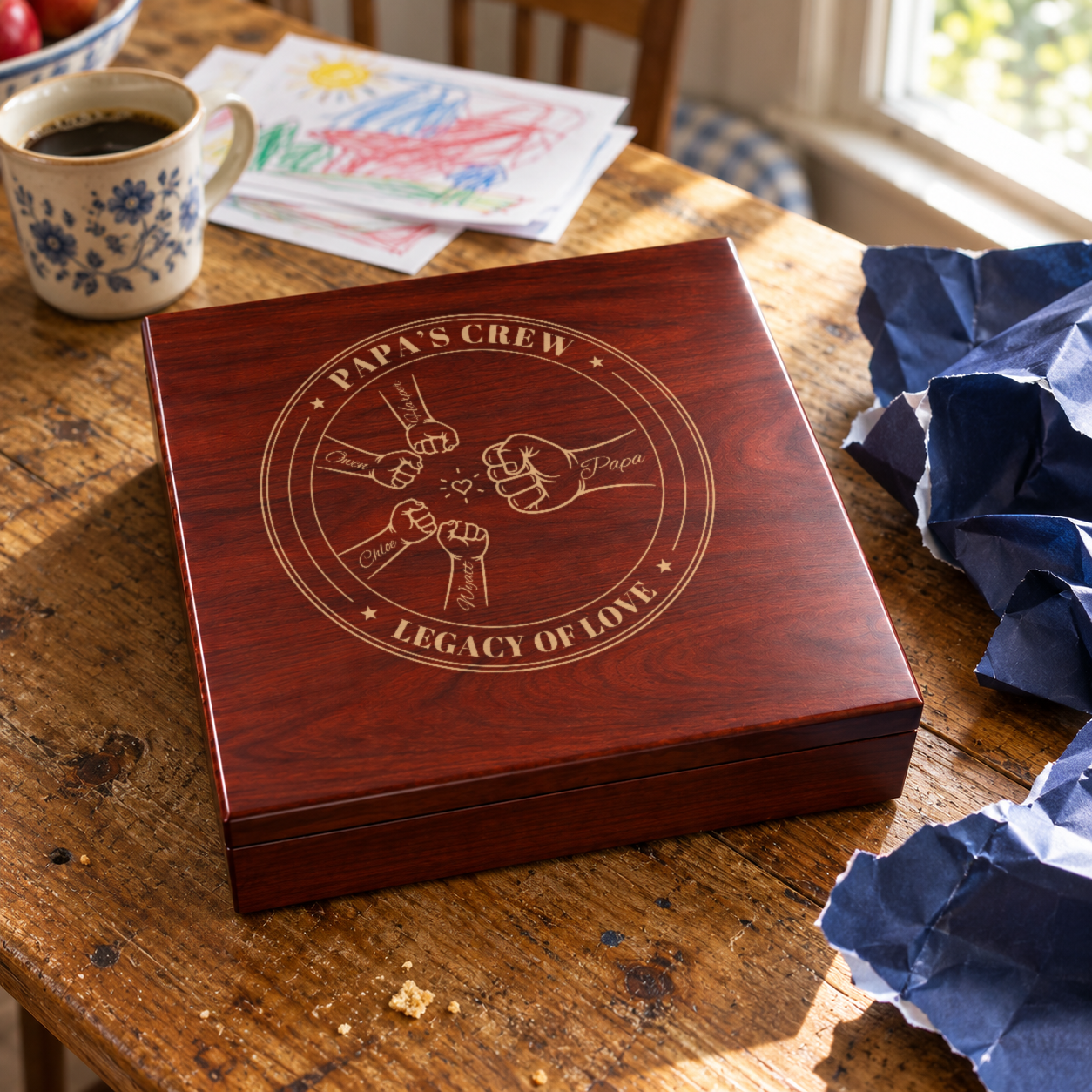Cherry keepsake box on a kitchen table beside navy wrapping paper, engraved with a Papa's Crew badge and four grandkids' names, a gift for grandpa from grandkids