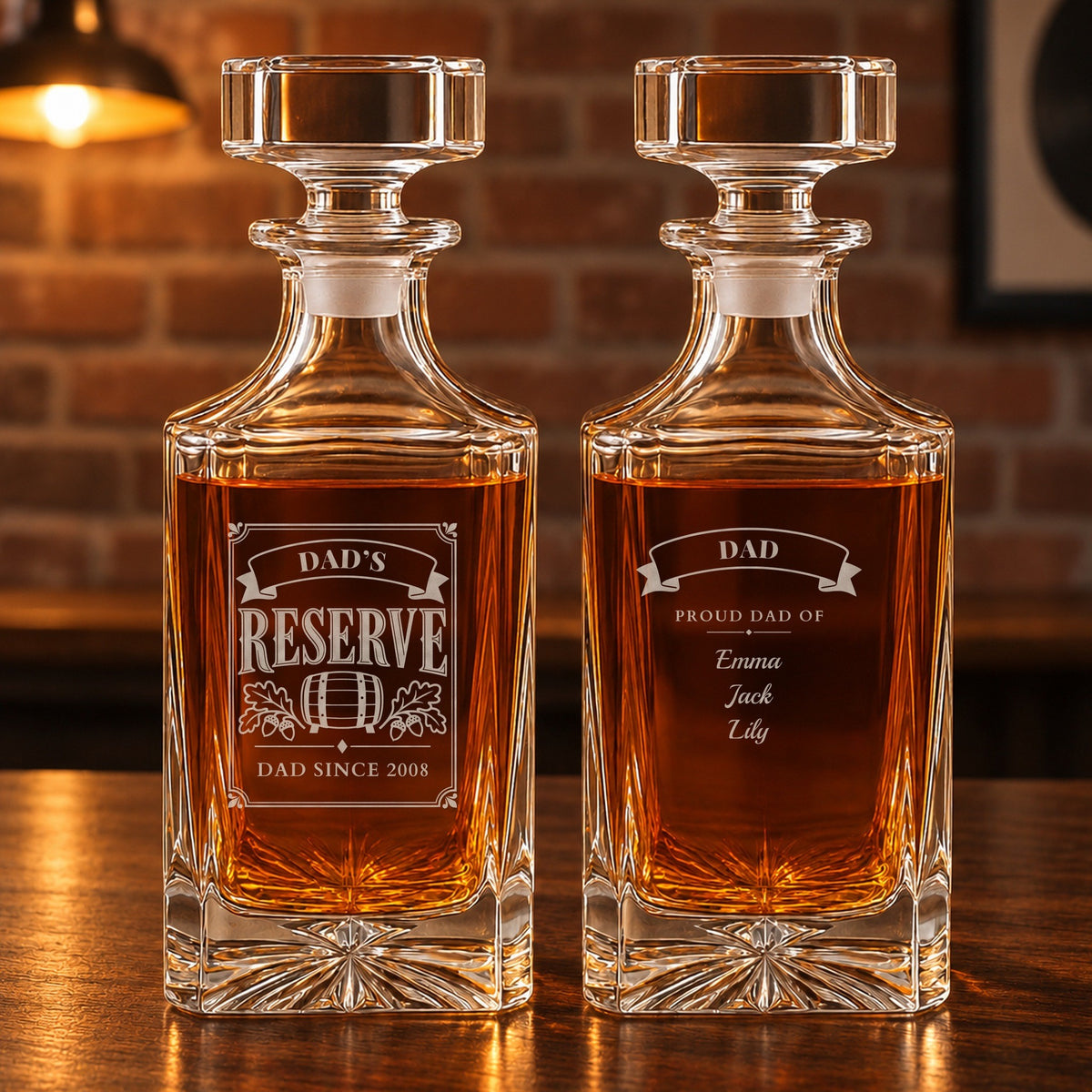 Dad's Reserve personalized whiskey decanter shown front and back: Dad Since 2008 on the label, Proud Dad Of with Emma, Jack and Lily on the back