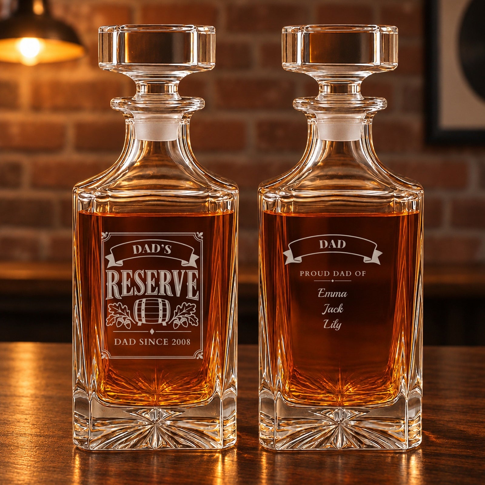 Dad's Reserve personalized whiskey decanter shown front and back: Dad Since 2008 on the label, Proud Dad Of with Emma, Jack and Lily on the back