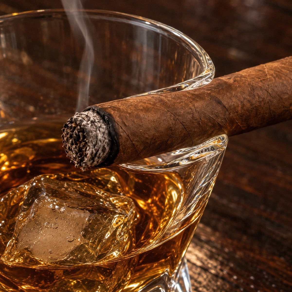 Close-up of the glass with cigar holder: a smooth notch molded into the rim cradles a lit cigar above bourbon and ice, one of the best cigar accessories