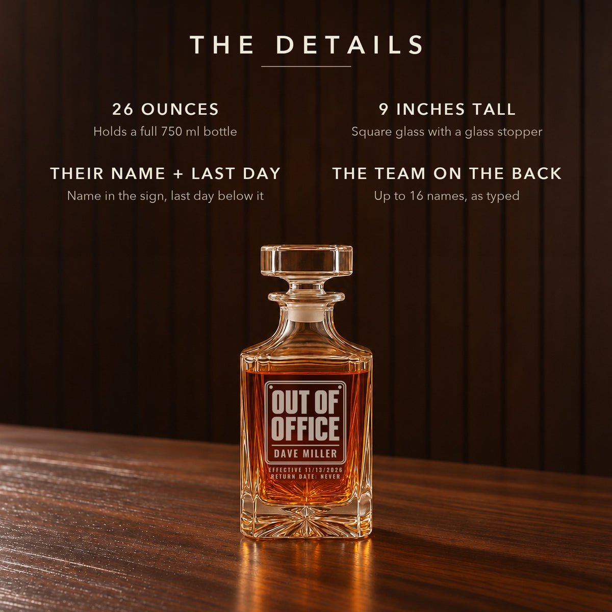 Details of the Out of Office going away decanter: 26 oz, 9 inches tall, their name and last day on the front, up to 16 team names on the back