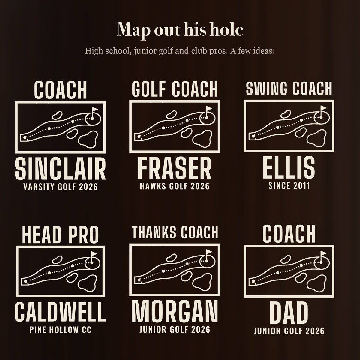 Six ways to engrave the golf coach yardage book beer stein: Coach Sinclair, Golf Coach Fraser, Swing Coach Ellis, Head Pro Caldwell and more