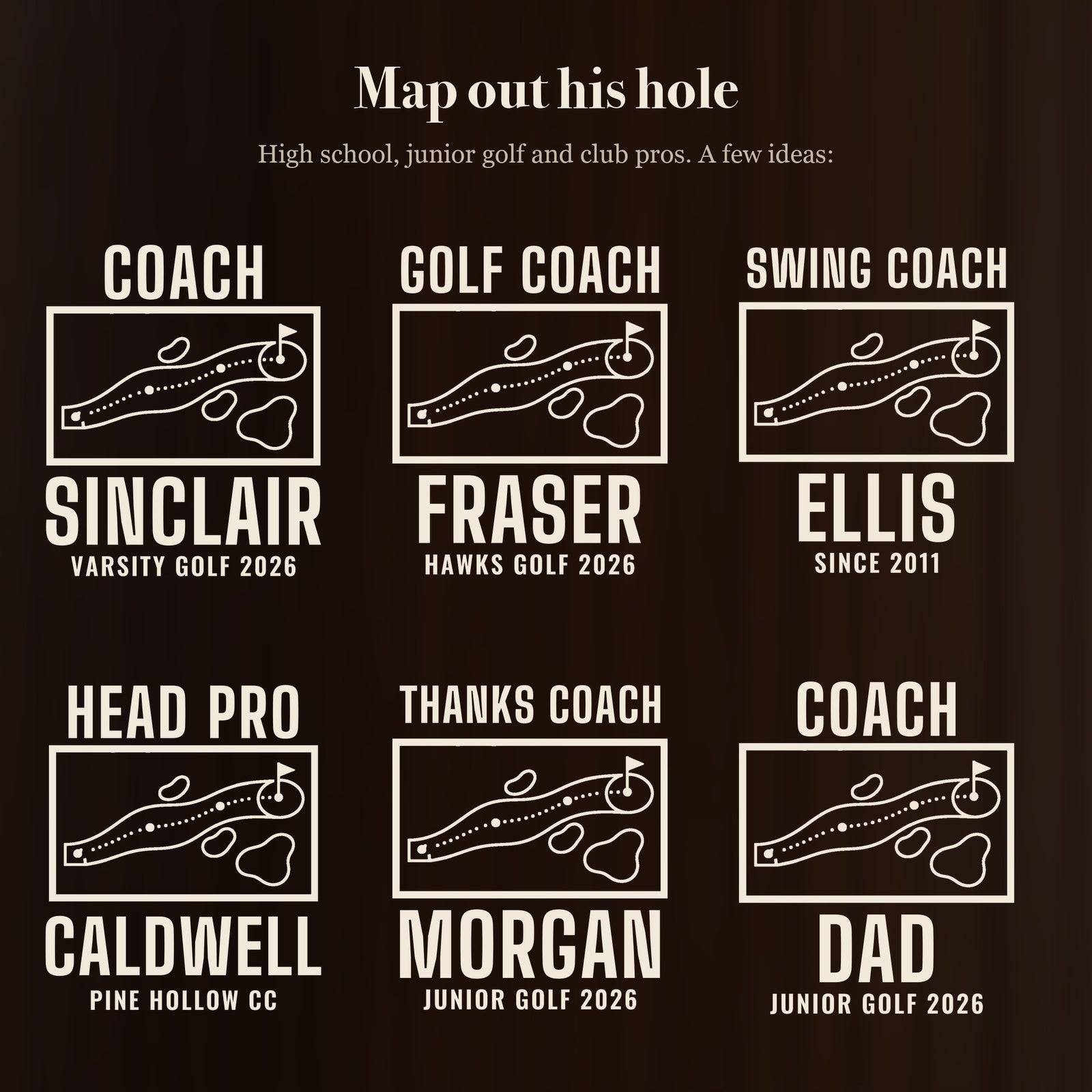 Six ways to engrave the golf coach yardage book beer stein: Coach Sinclair, Golf Coach Fraser, Swing Coach Ellis, Head Pro Caldwell and more