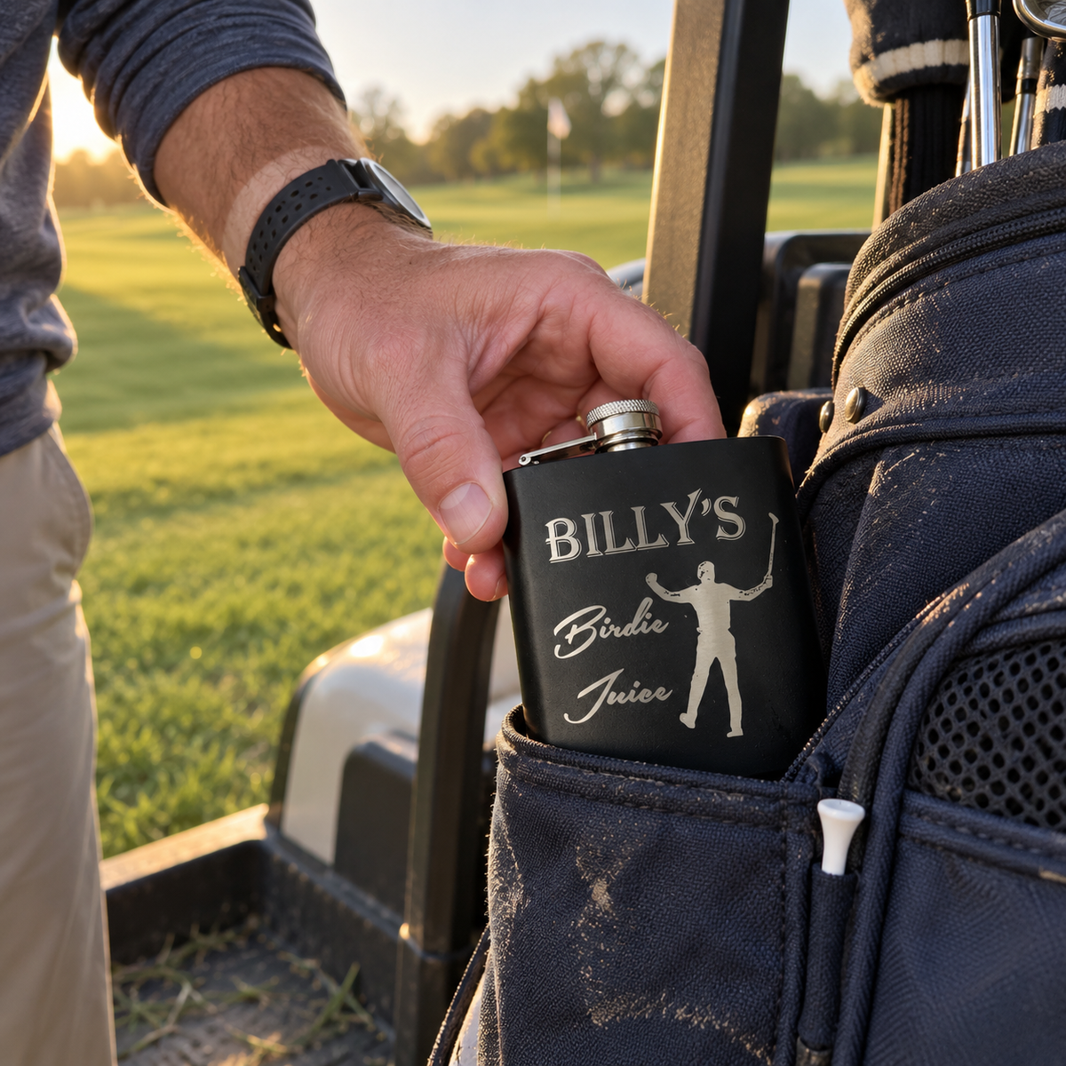 A golfer pulls his personalized Birdie Juice golf flask from the pocket of his golf bag on the cart, a golf themed gift on the course
