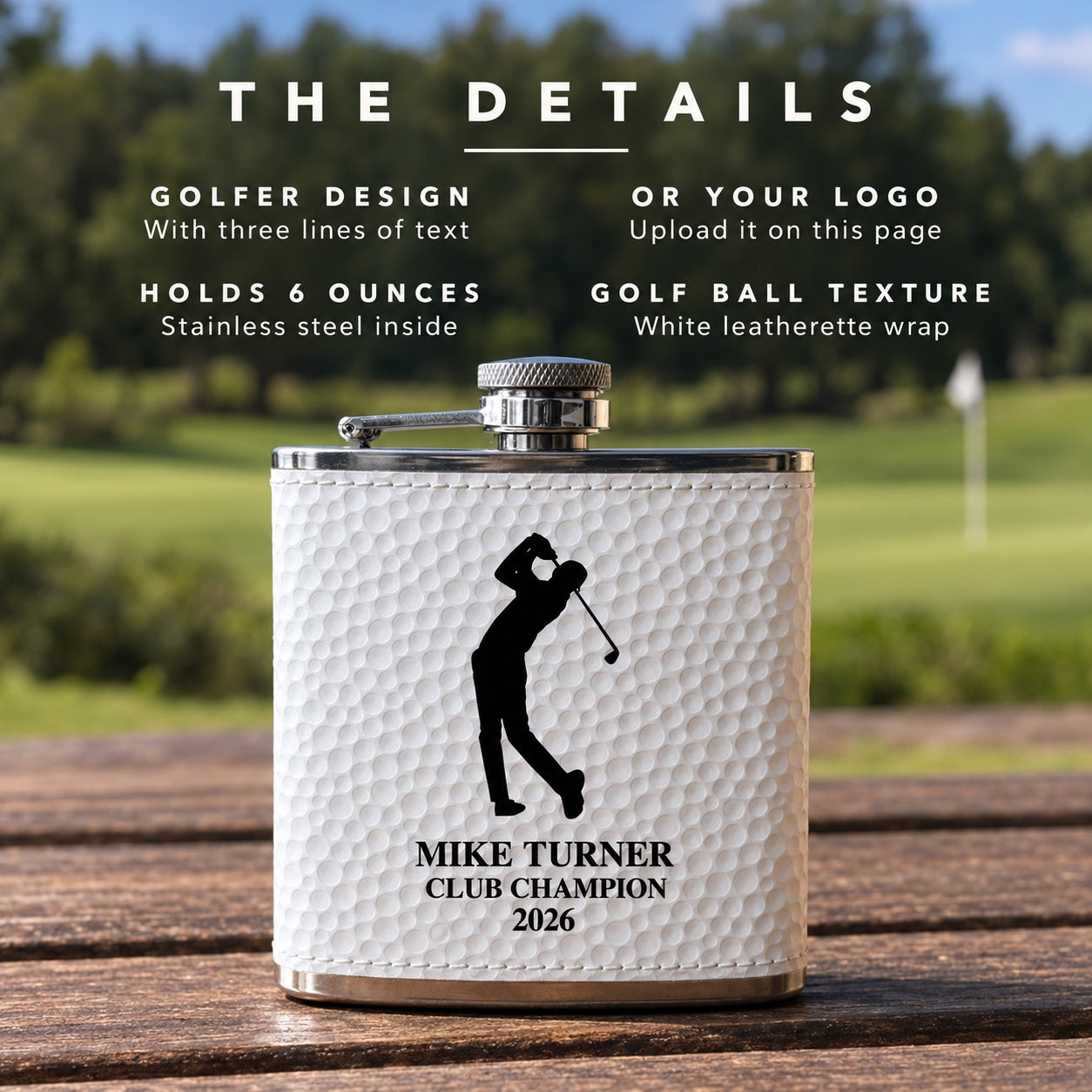 Details of the golf outing gift flask: a golfer design with three lines of text or your own logo, holds 6 ounces, white golf ball texture leatherette wrap.