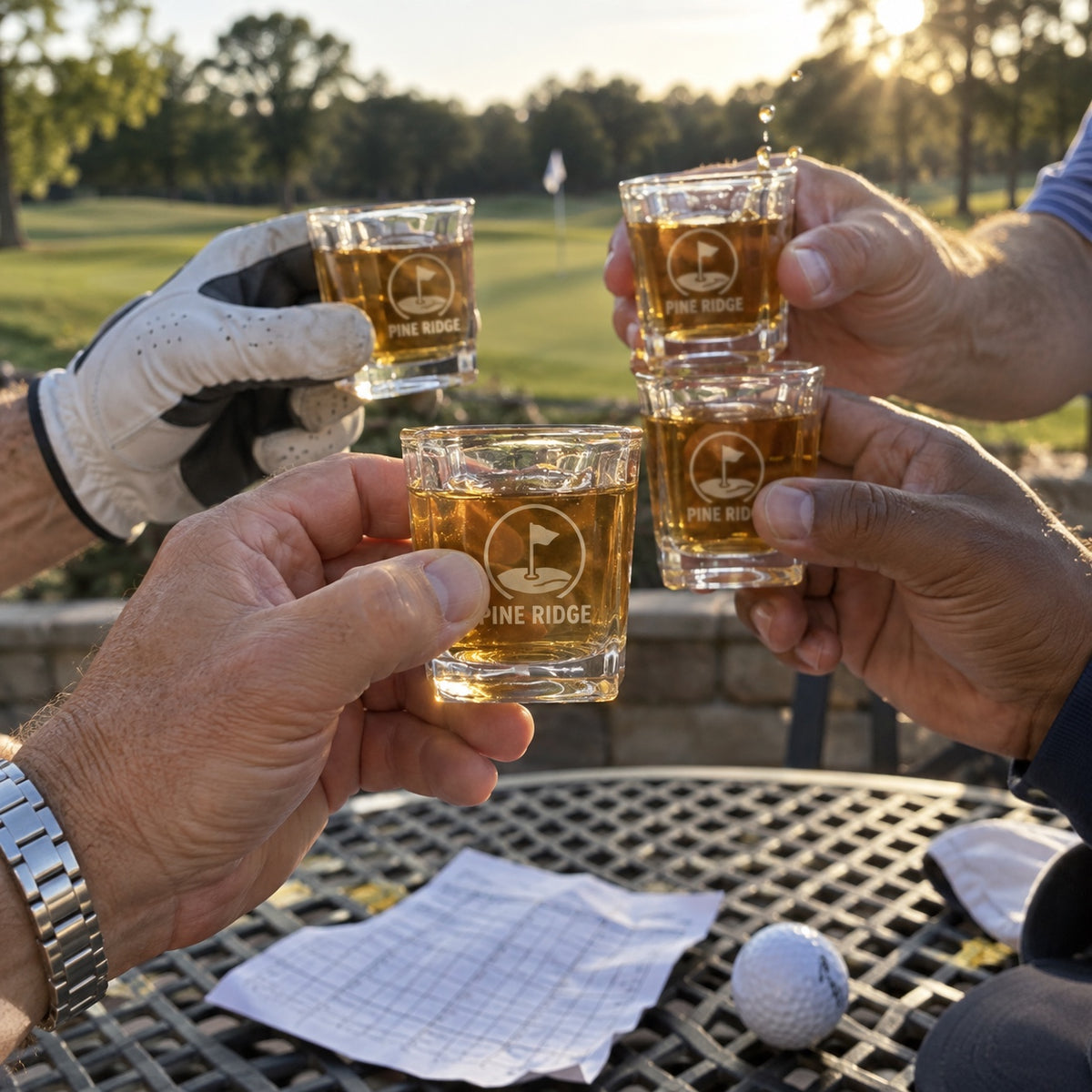 Golfers toast with custom logo shot glasses on the clubhouse patio after a golf outing, a golf tournament gift for every player