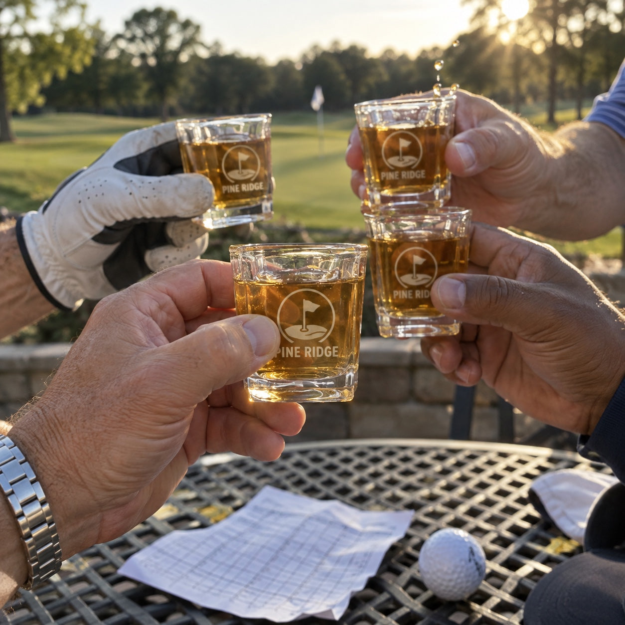 Golfers toast with custom logo shot glasses on the clubhouse patio after a golf outing, a golf tournament gift for every player