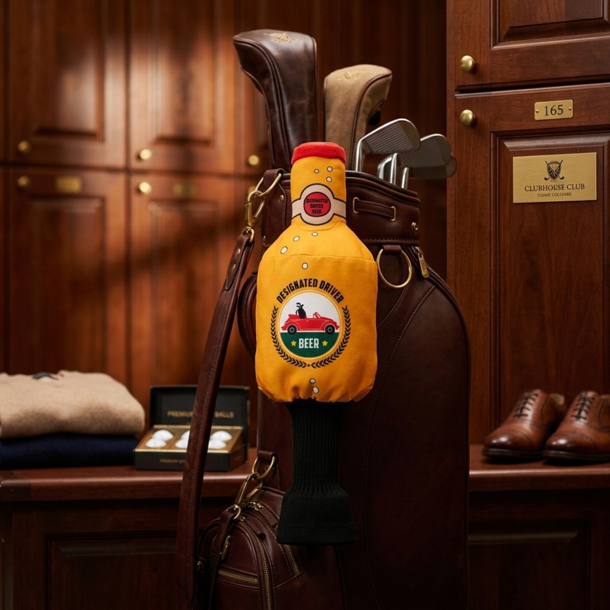 Golf club head cover shaped like a beer bottle with a golf club on a wooden background
