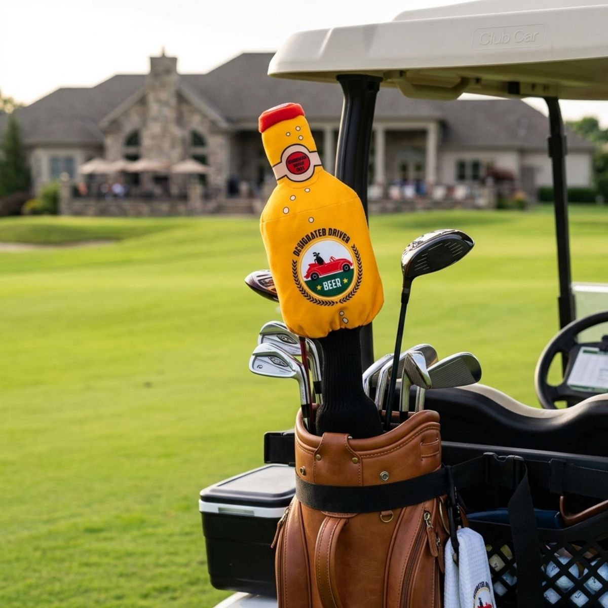 Golf club head cover with a humorous design on a golf cart in a golf course setting