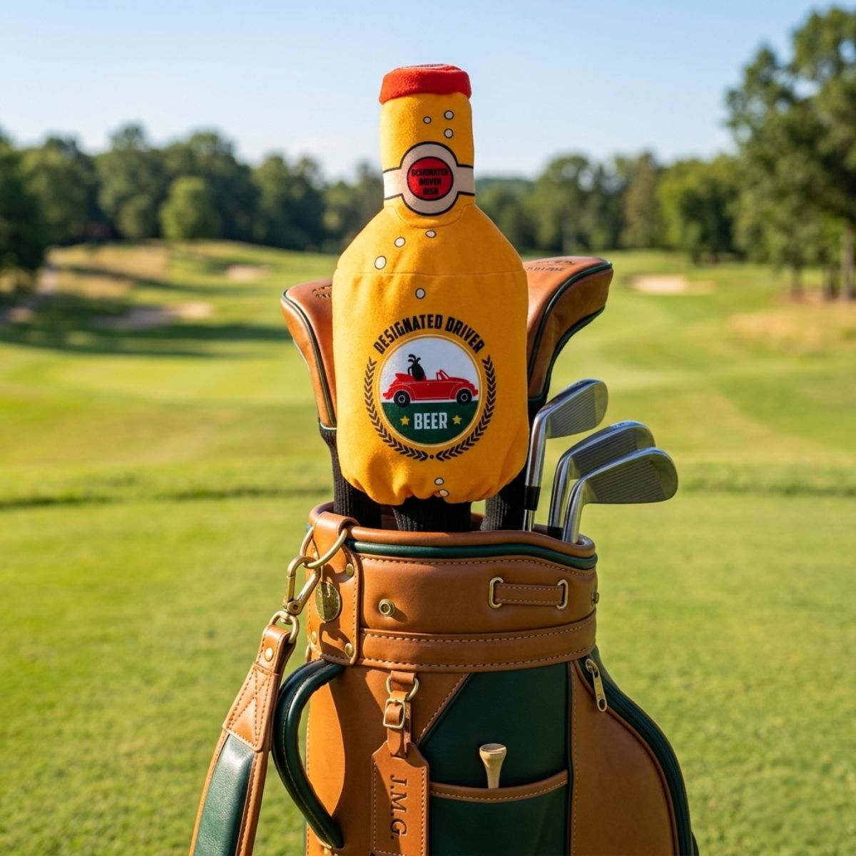 Golf club head cover with beer bottle design on a golf bag on a golf course