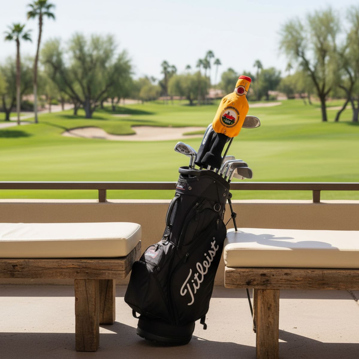 Golf bag with clubs on a wooden bench in front of a golf course