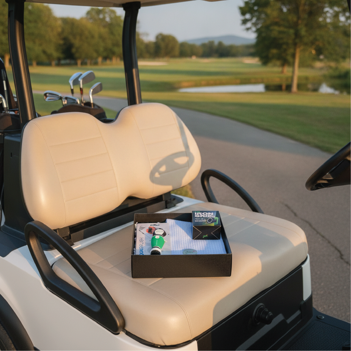 The Golfer's Gift Box open on a golf cart seat with the course behind it, a personalized golf gift for the man who has everything.