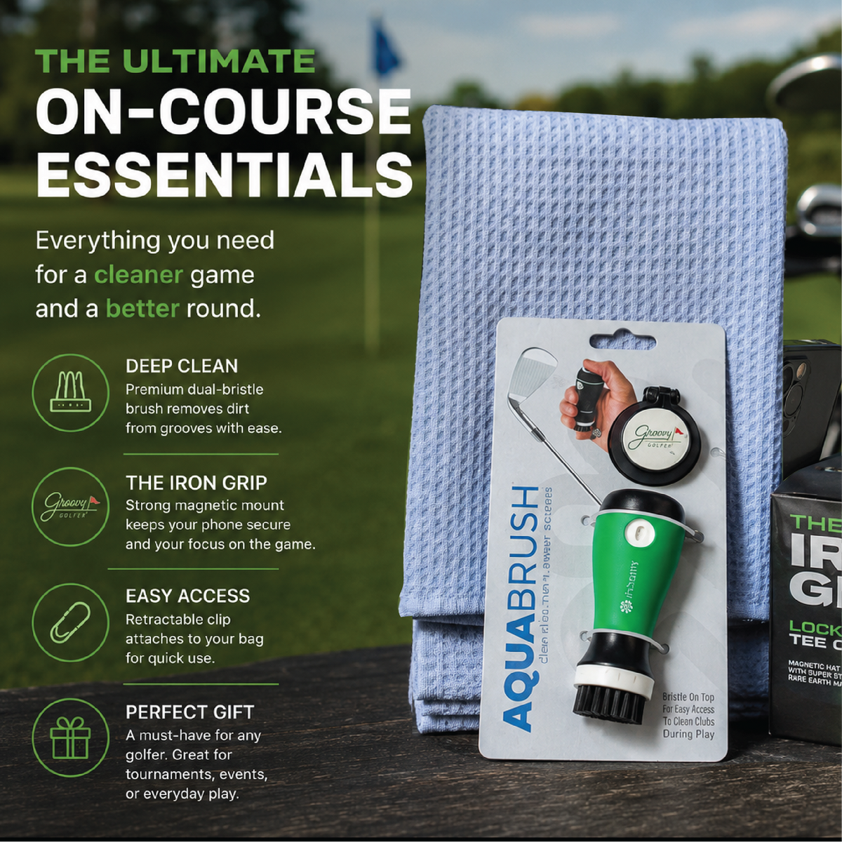 Personalized golf gift set for men, the engraved keepsake box arranged with its on-course accessories for gifting.