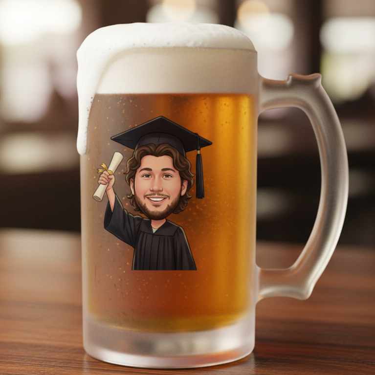 Beer mug with a printed graduation design on a wooden table.