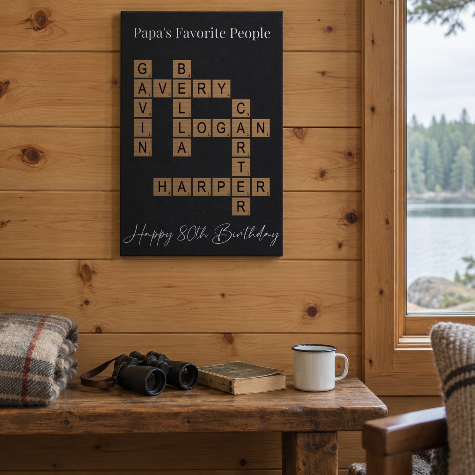 Grandfather gift for an 80th birthday: Papa's Favorite People crossword sign with grandkids' names on a knotty pine wall in a lake cabin