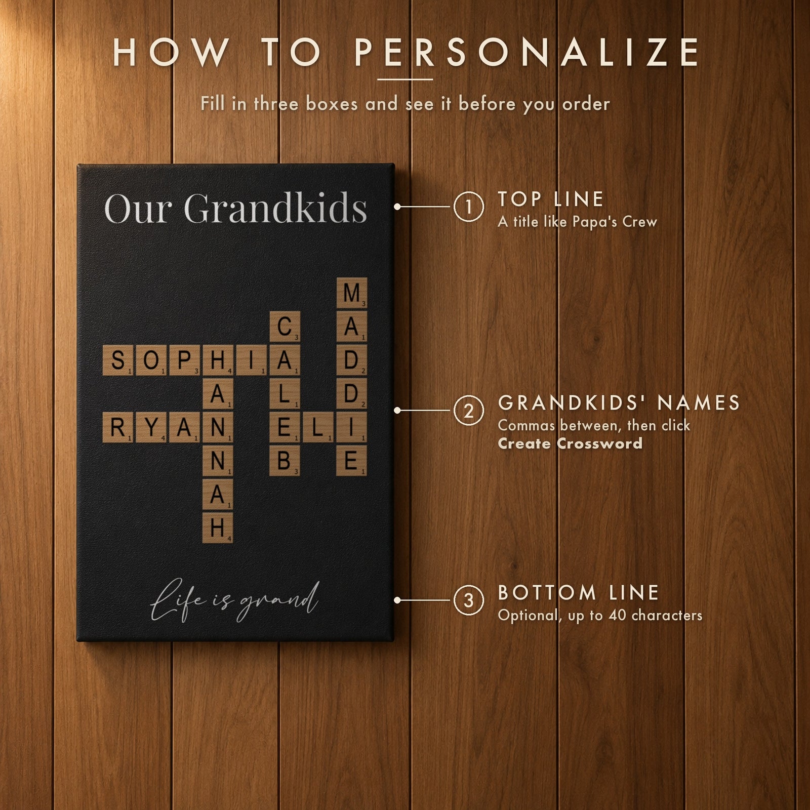 How to personalize the grandkids crossword sign for Grandpa: add a top line, type the grandkids' names and click Create Crossword, then a bottom line