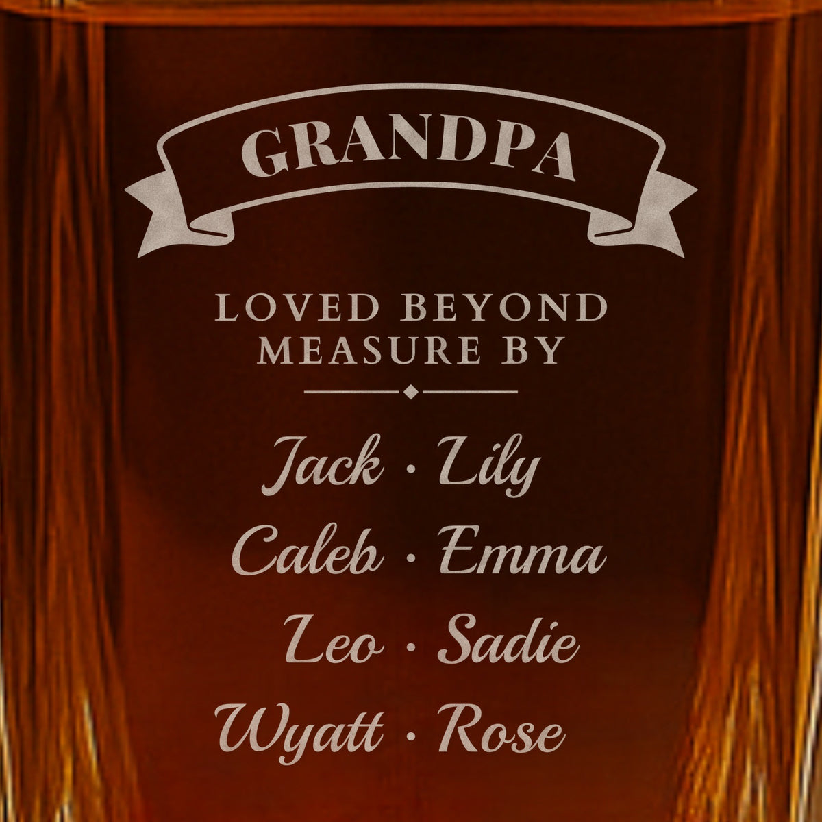 Close-up of the back engraving: Grandpa, Loved Beyond Measure By and eight grandkids' names in two script columns, a gift for grandpa from grandkids