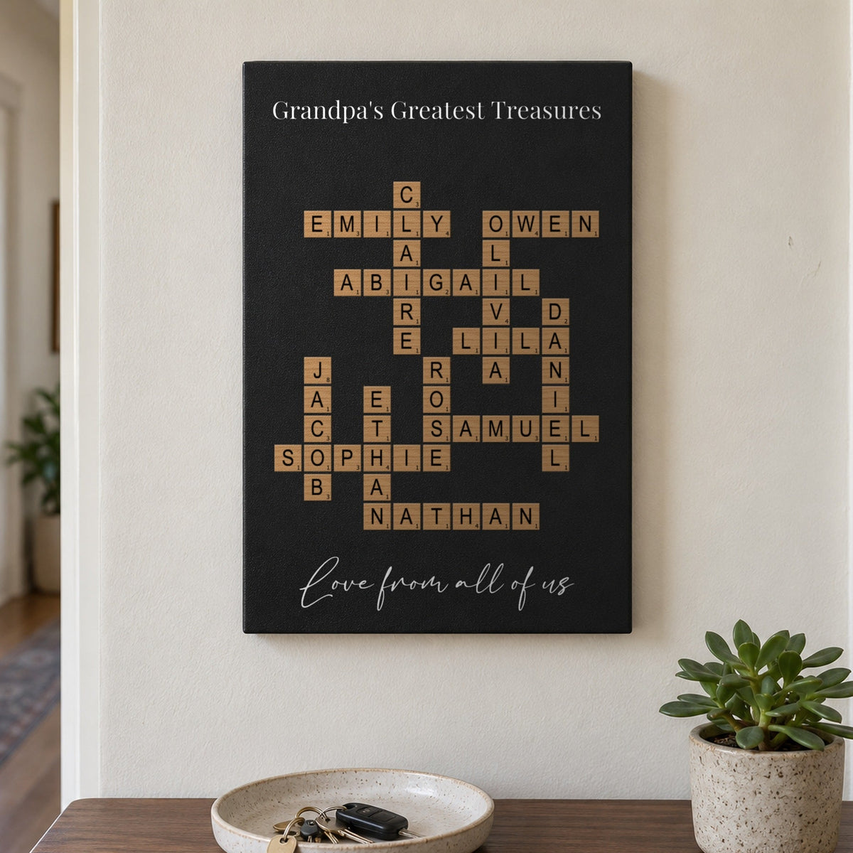Unique gift for Grandpa: a Grandpa's Greatest Treasures crossword sign with 13 grandkids' names and Love from all of us, above a hall table