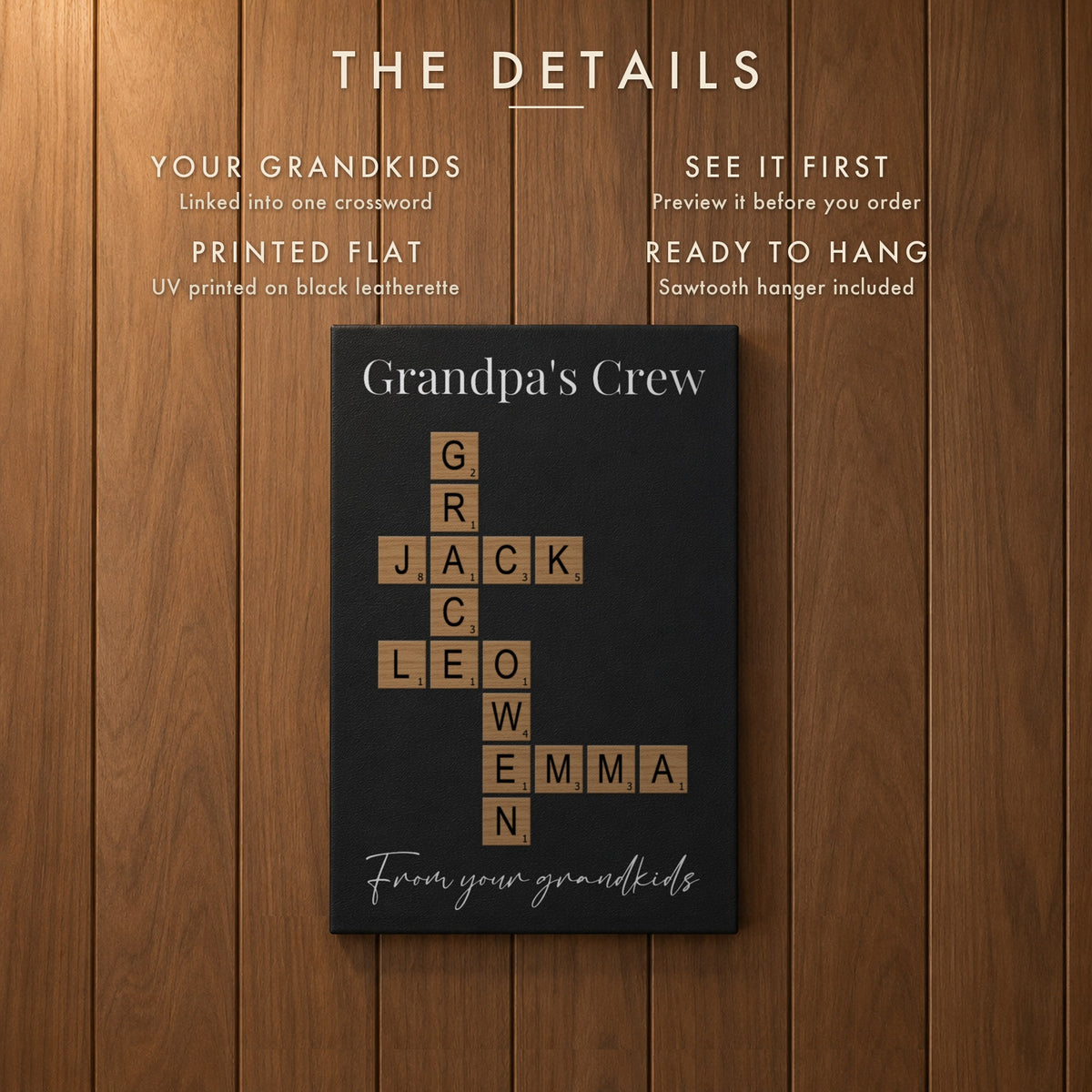 The details of the grandkids crossword sign for Grandpa: grandkids' names linked into one crossword, preview first, UV printed, ready to hang