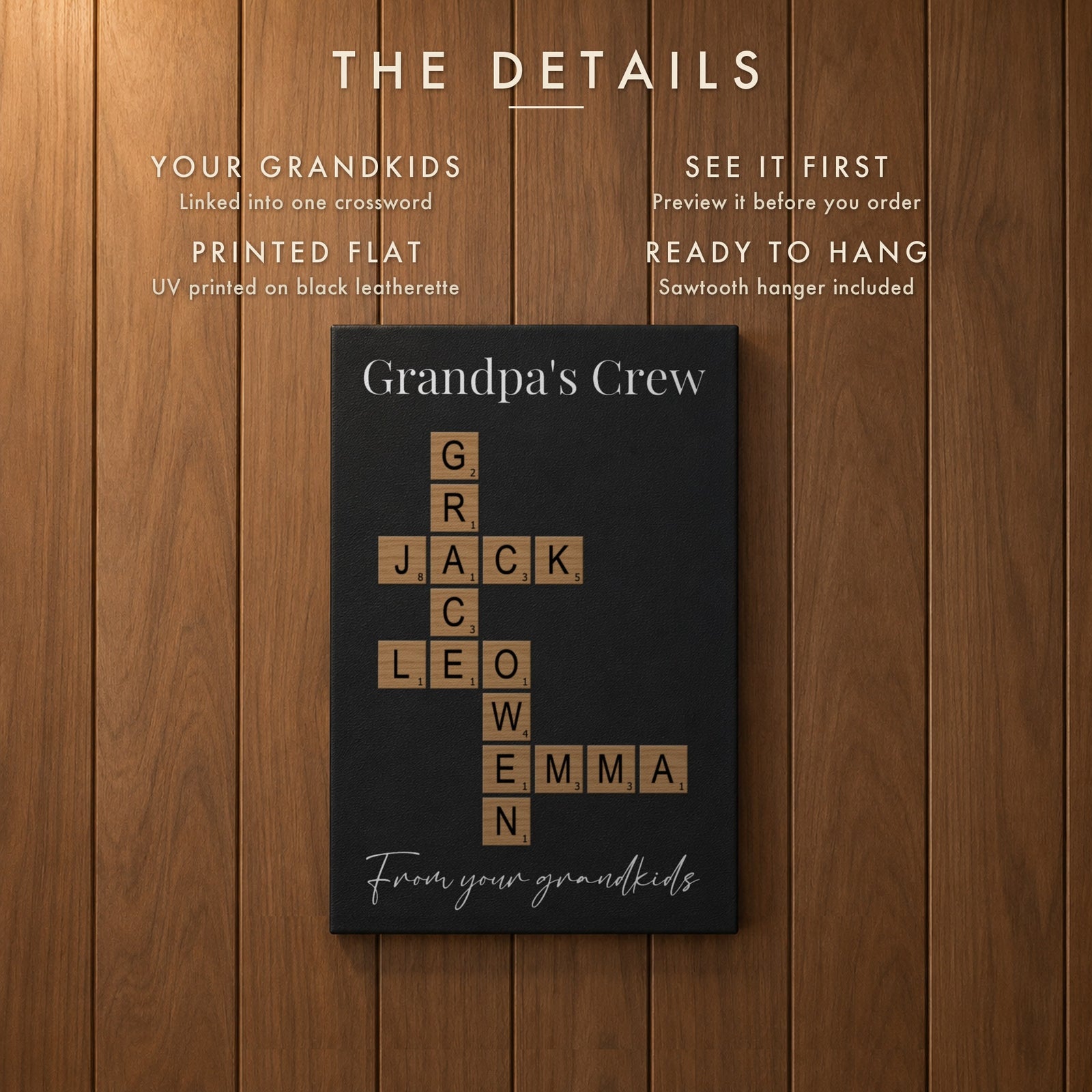 The details of the grandkids crossword sign for Grandpa: grandkids' names linked into one crossword, preview first, UV printed, ready to hang