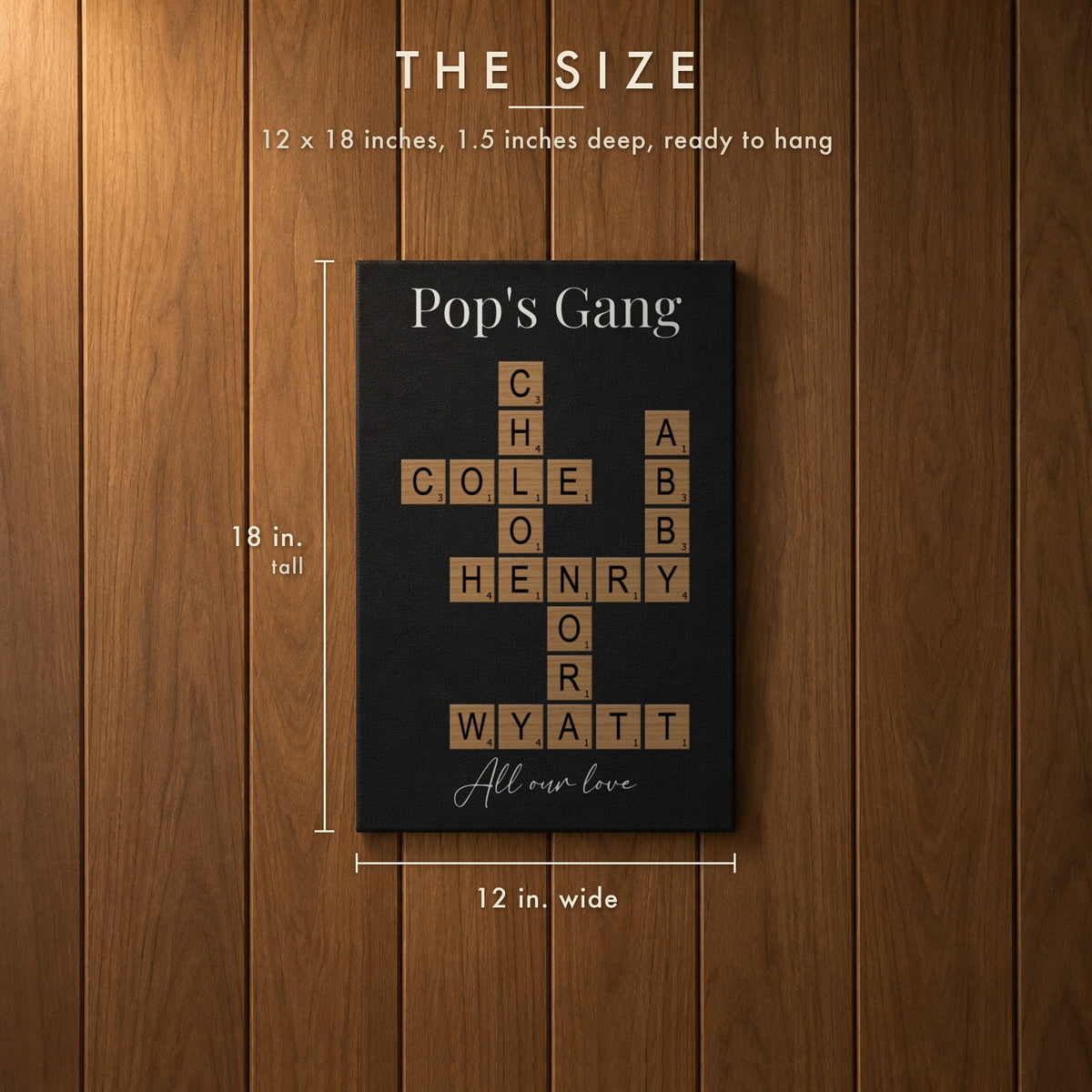 Grandpa crossword wall sign size: 12 inches wide, 18 inches tall and 1.5 inches deep, shown with a Pop's Gang crossword of grandkids' names