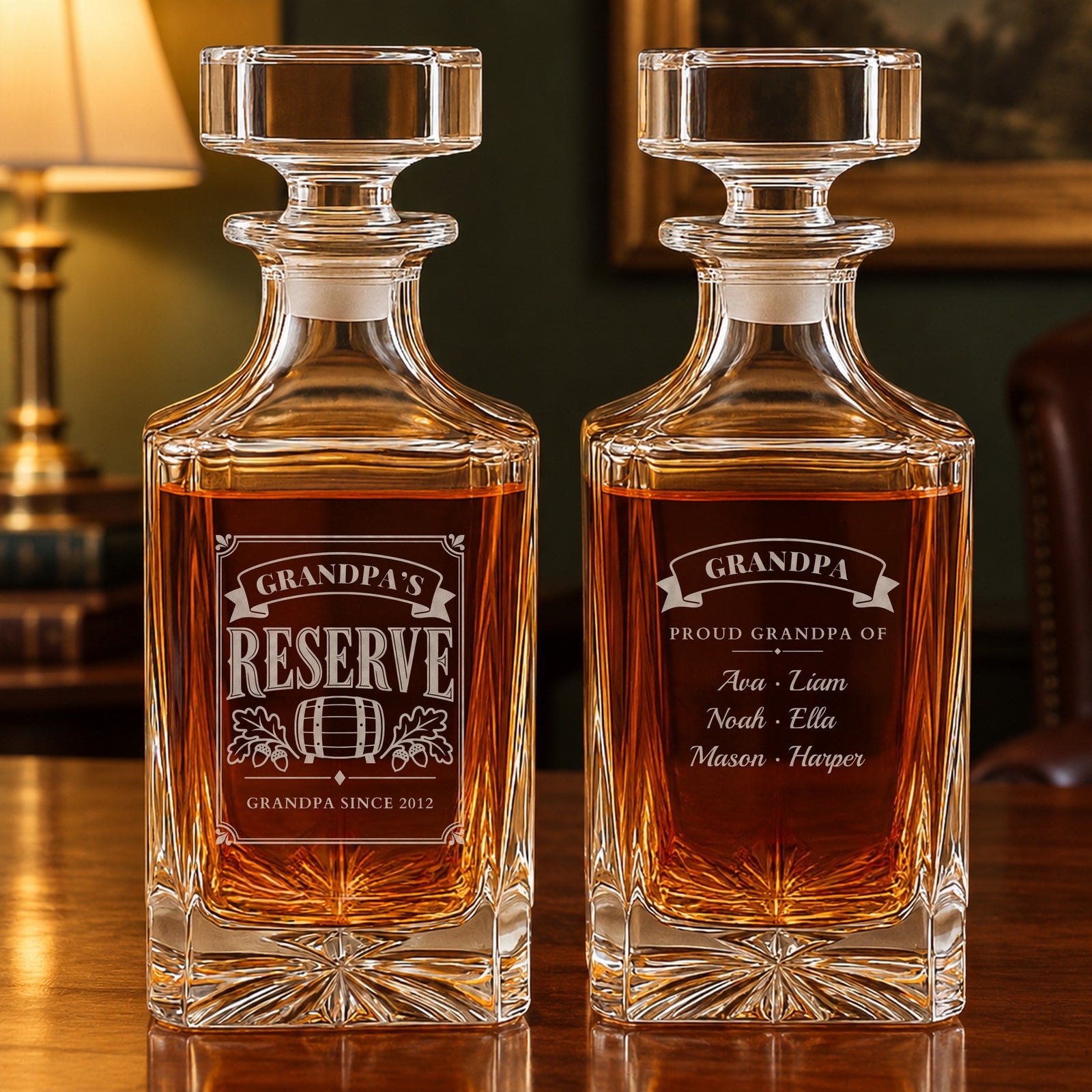 Grandpa's Reserve personalized whiskey decanter shown front and back: Grandpa Since 2012 on the label, Proud Grandpa Of and six grandkids' names on the back