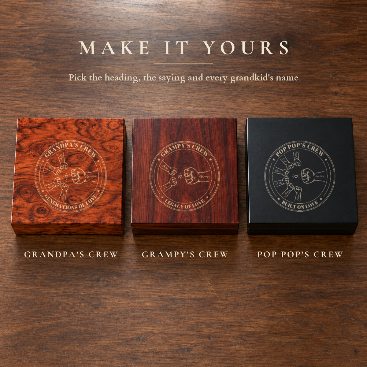 Three keepsake boxes in burl, cherry and black with fist bump badges reading Grandpa's Crew, Grampy's Crew and Pop Pop's Crew