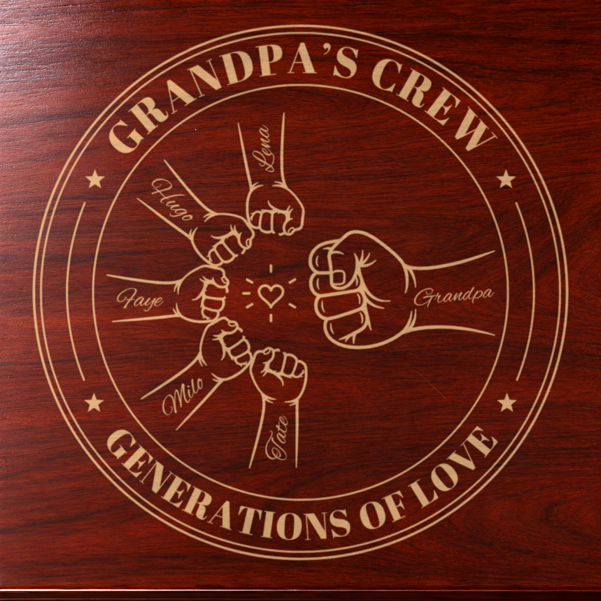 Close-up of the engraved Grandpa's Crew badge on cherry wood: five grandkids' fists with their names bumping Grandpa's fist, Generations of Love below