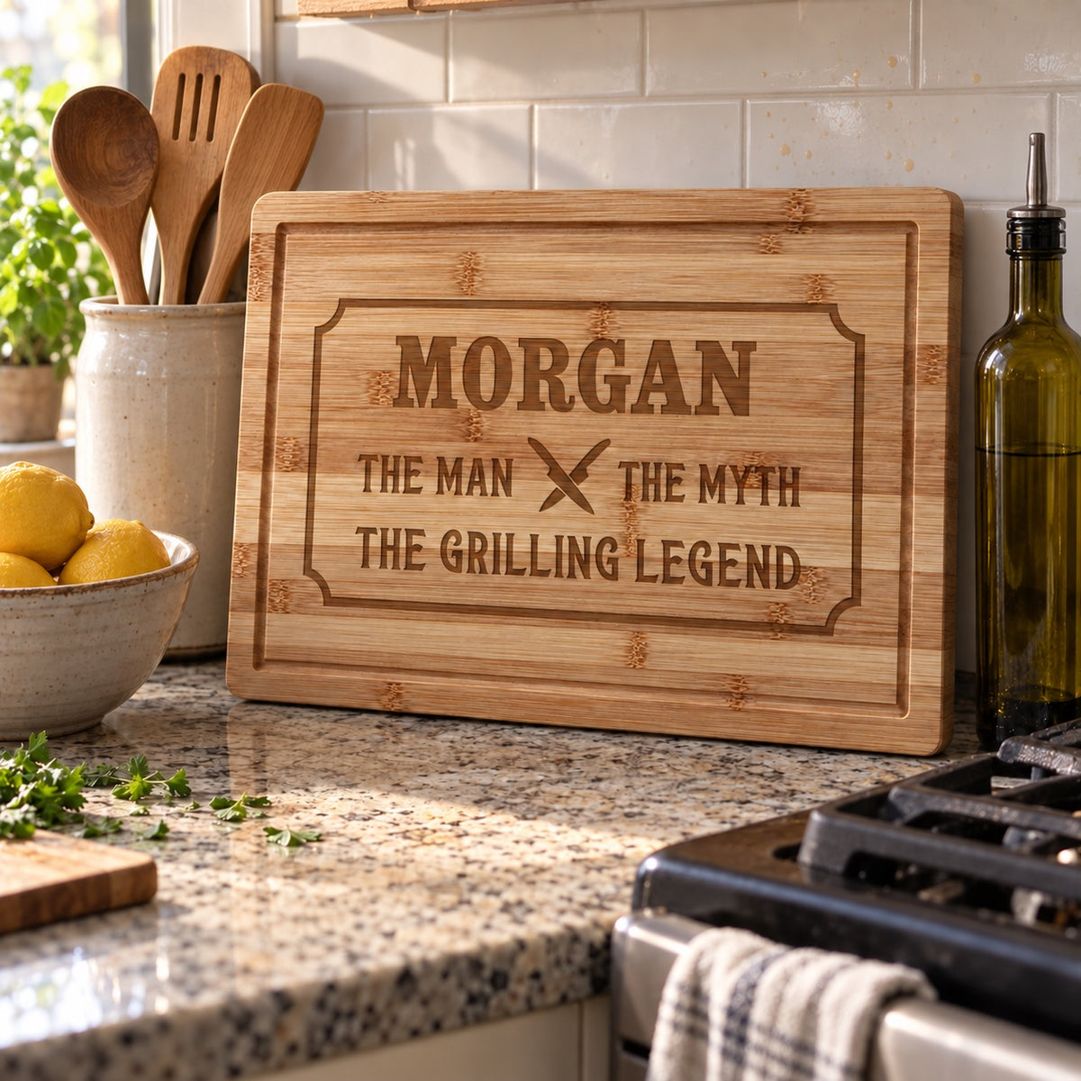 Engraved MORGAN grilling cutting board, a gift for dad, leaning on a kitchen backsplash beside wooden spoons, lemons and olive oil by the stove