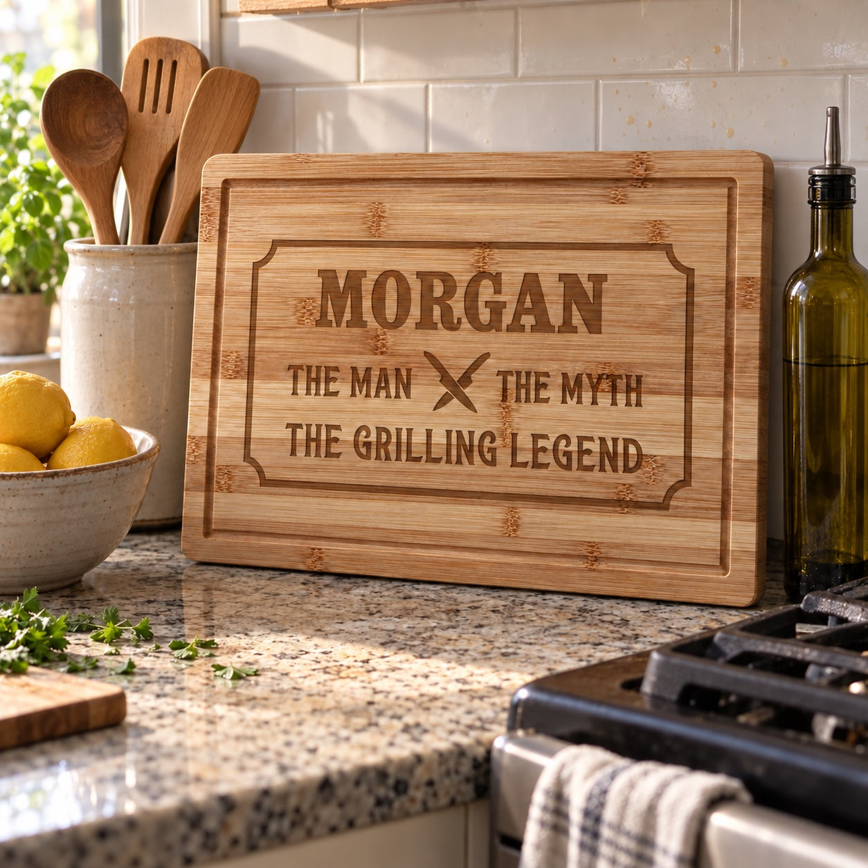 Engraved MORGAN grilling cutting board, a gift for dad, leaning on a kitchen backsplash beside wooden spoons, lemons and olive oil by the stove