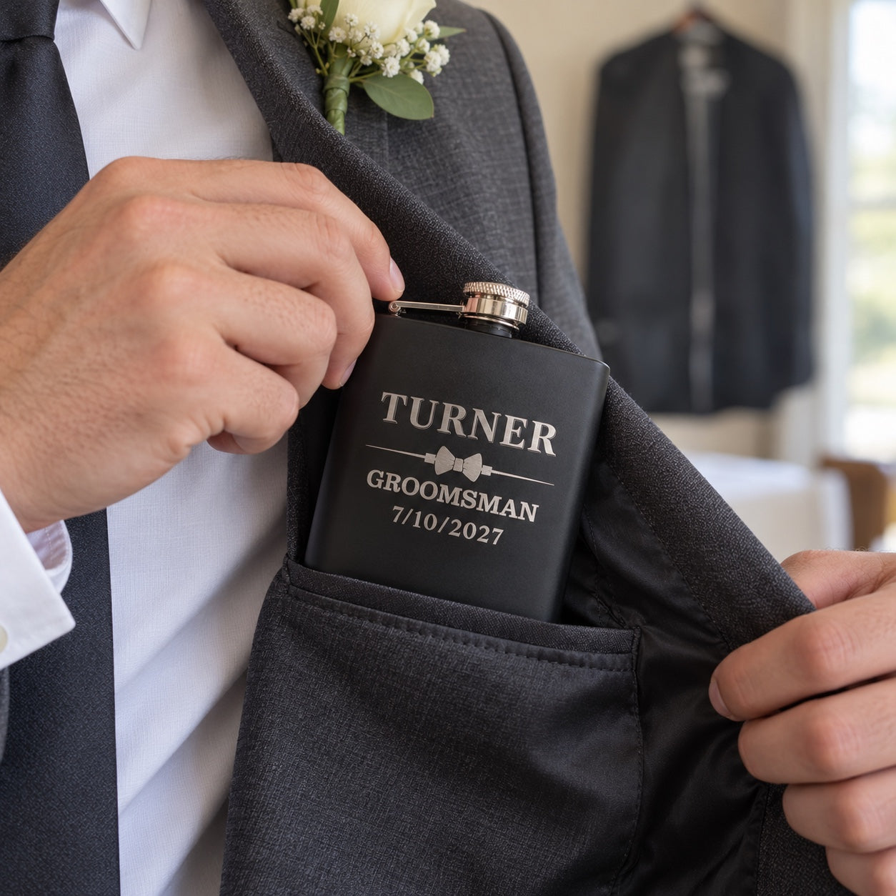 A groomsman slips his personalized black flask engraved TURNER GROOMSMAN 7/10/2027 into his suit jacket pocket while getting ready for the wedding.