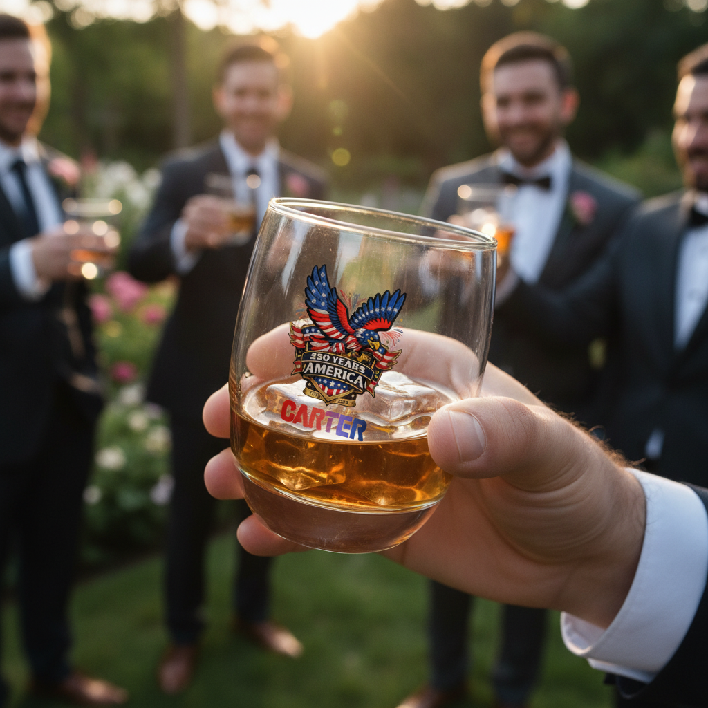 Engraved whiskey glass with eagle and "250 Years of America" design held at outdoor evening event with men in formal attire in background.