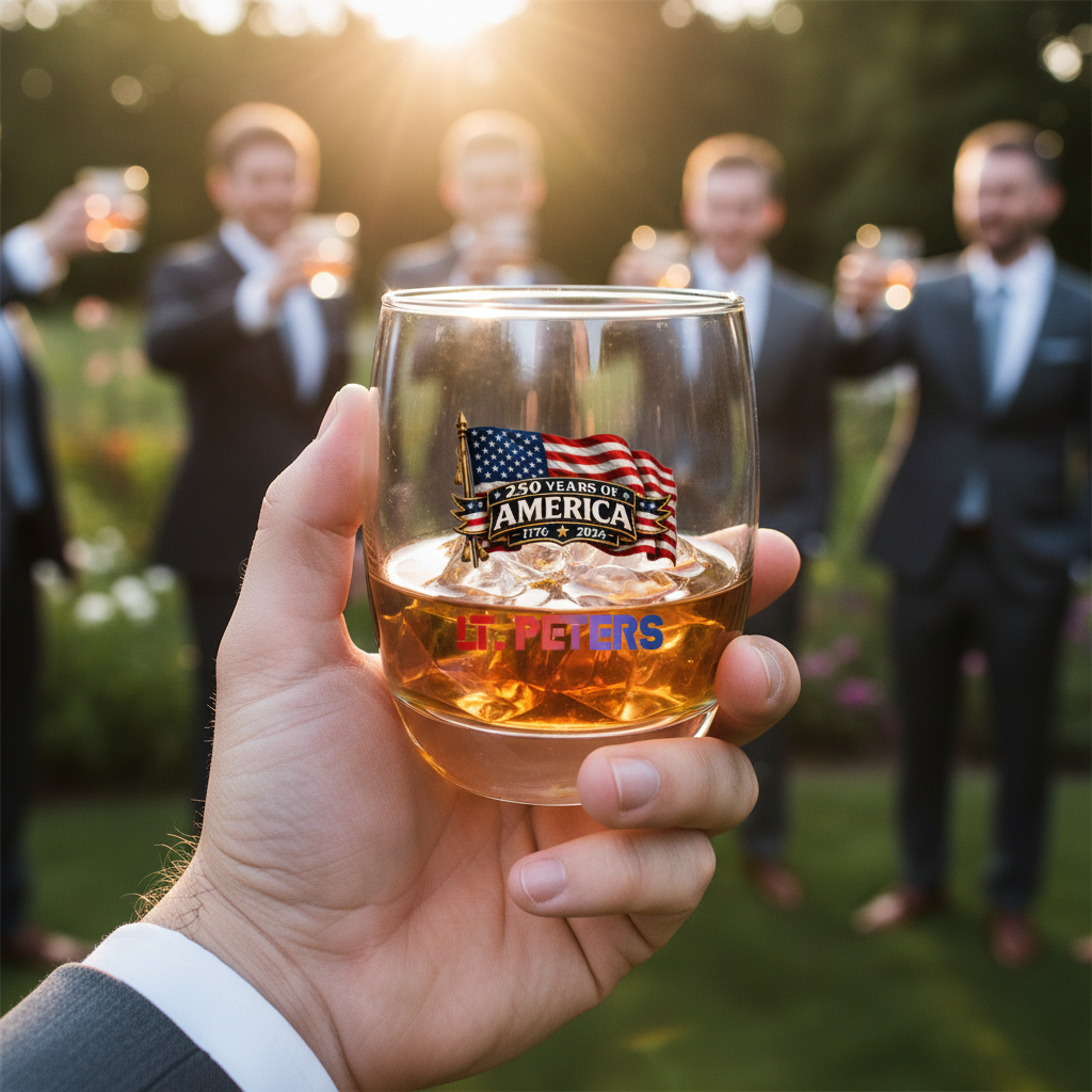 Hand holding engraved whiskey glass with American flag and "250 Years of America" design, filled with bourbon, blurred group toasting in background