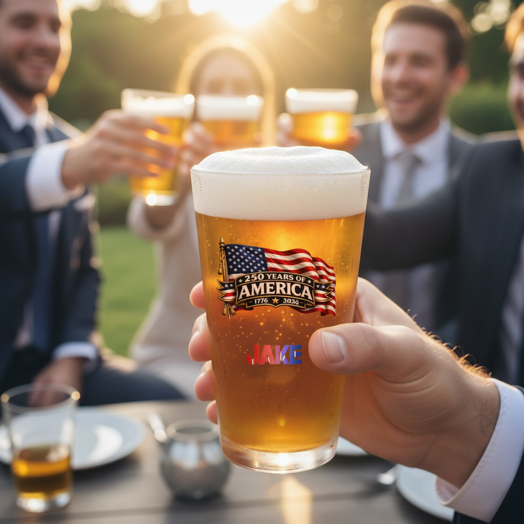 Pint glass with "250 Years of America" flag design and sample name engraving, filled with beer, held at outdoor gathering with men toasting in background