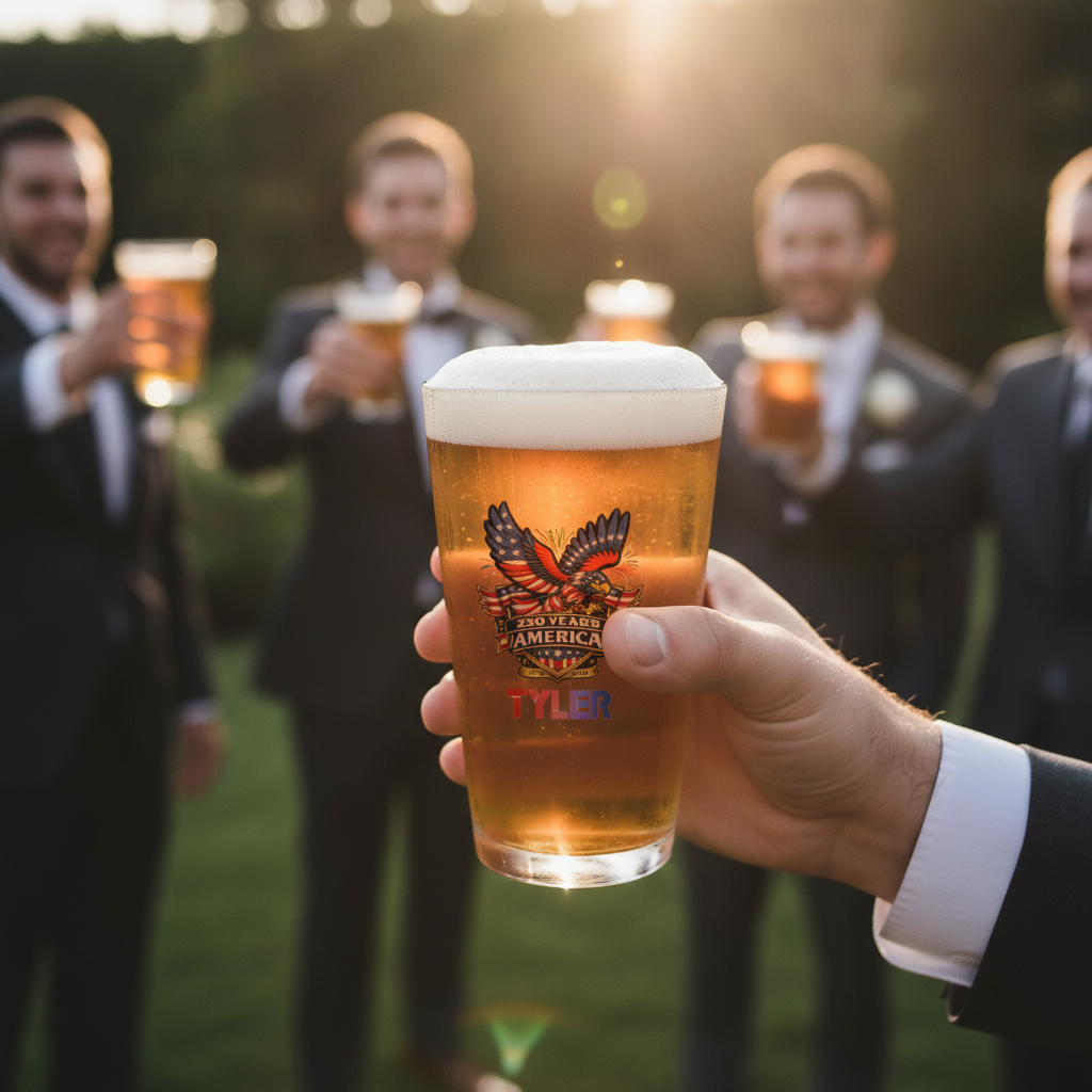 Personalized pint glass with eagle and "250 Years of America" design and sample name "Tyler" held in foreground with men in suits toasting beer glasses in background at sunset.
